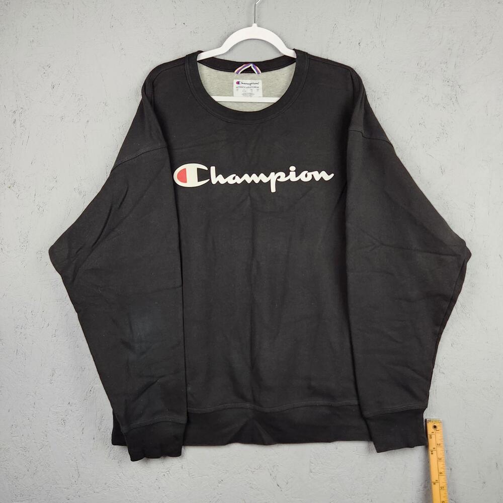 Champion Sweatshirt Mens 2XL Black Script Logo Crewneck Pullover Athletic Logo